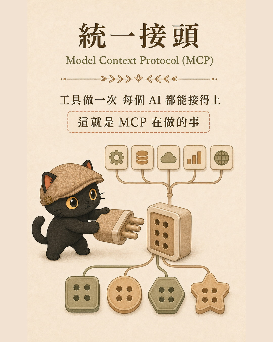 統一接頭圖卡：一個接頭連著一排工具，各種形狀的插孔