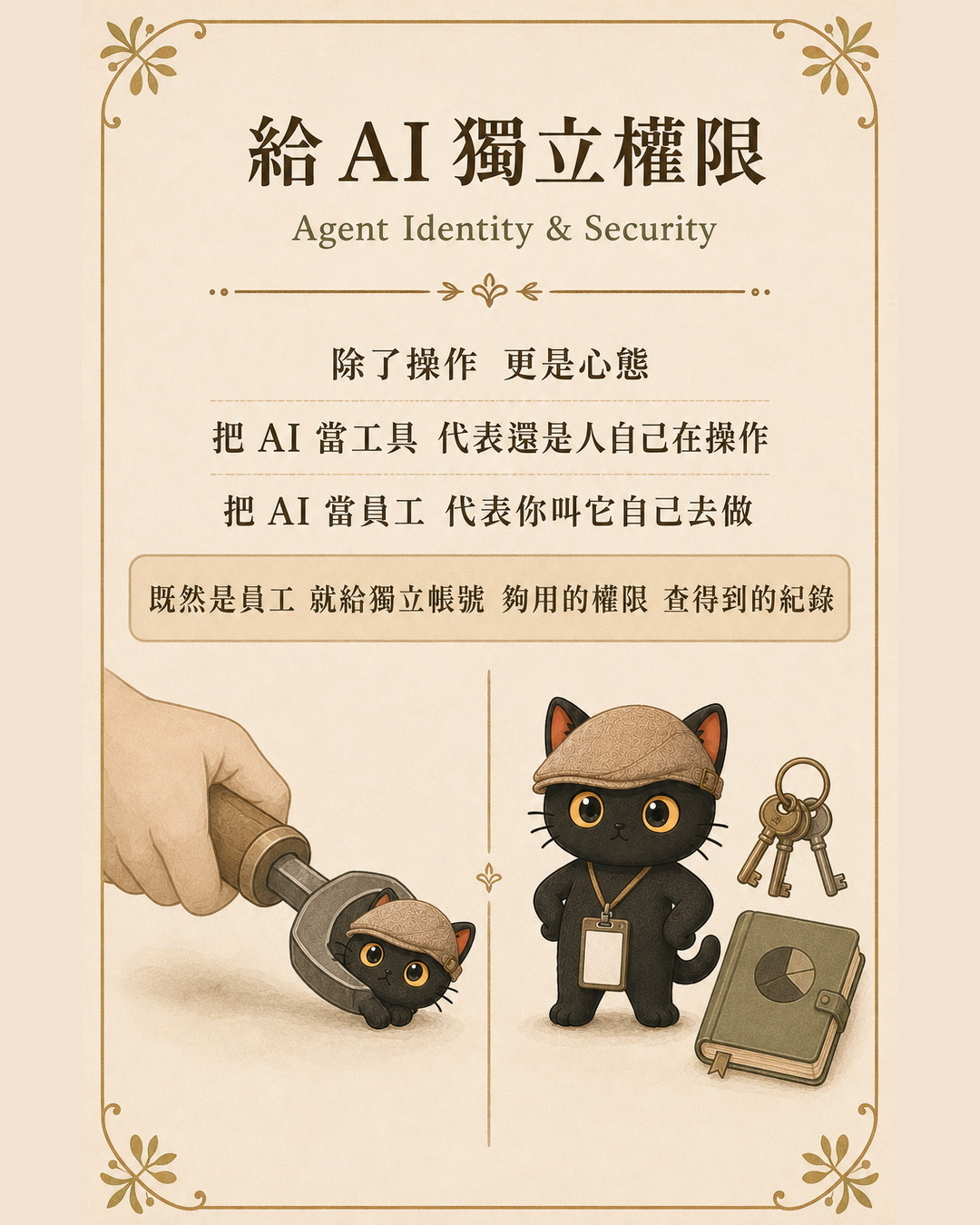 給 AI 獨立權限圖卡：左邊被扳手夾著當工具，右邊掛識別證自己站著