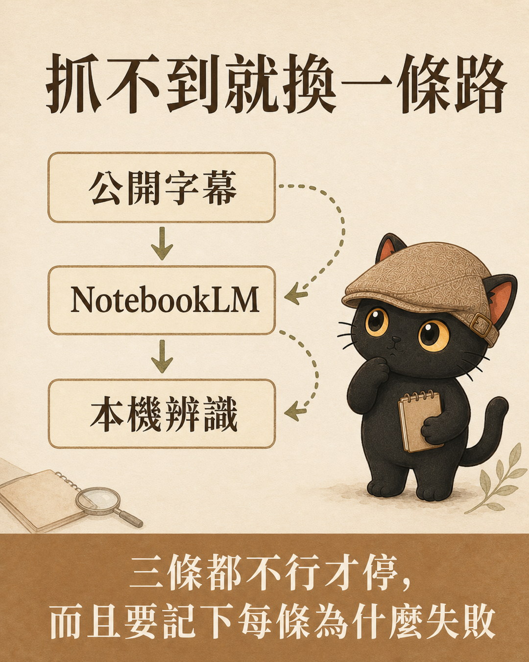 咪卡圖卡：抓不到就換一條路，公開字幕、NotebookLM、本機辨識三條路依序嘗試