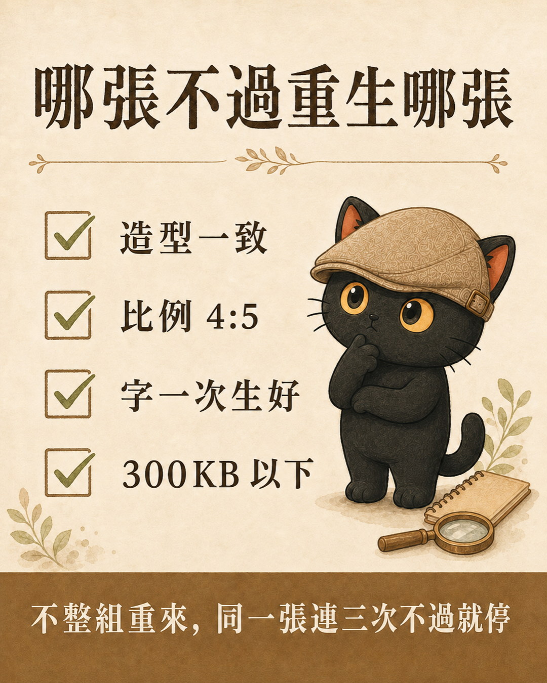 咪卡圖卡：哪張不過重生哪張，四項檢查是造型一致、比例 4:5、字一次生好、300KB 以下