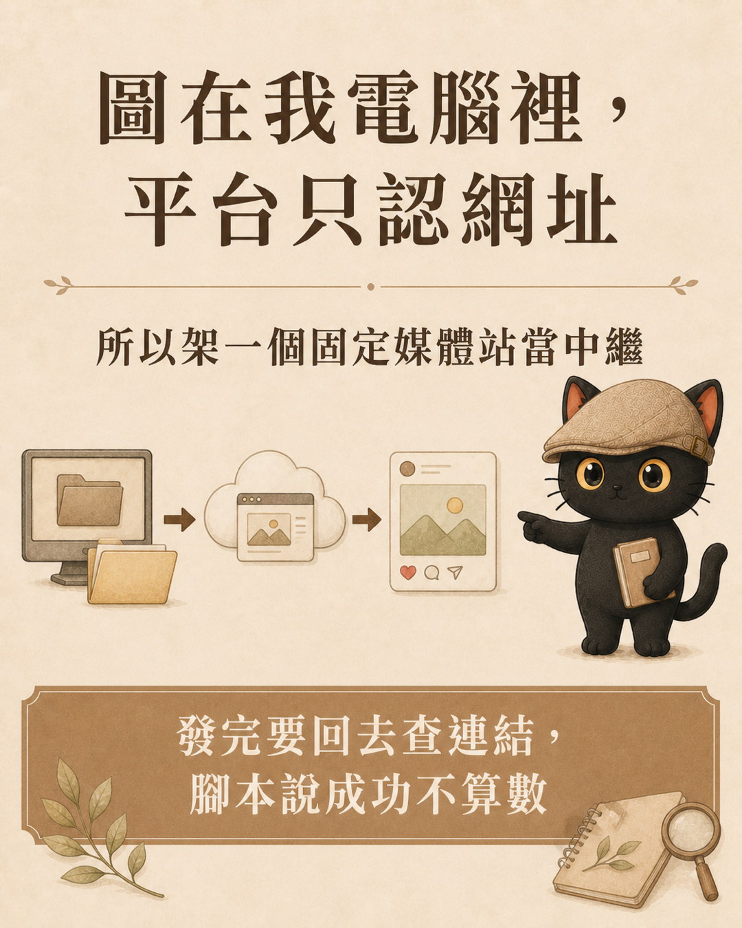 咪卡圖卡：圖在我電腦裡平台只認網址，本機到雲端媒體站再到社群平台的三段流程