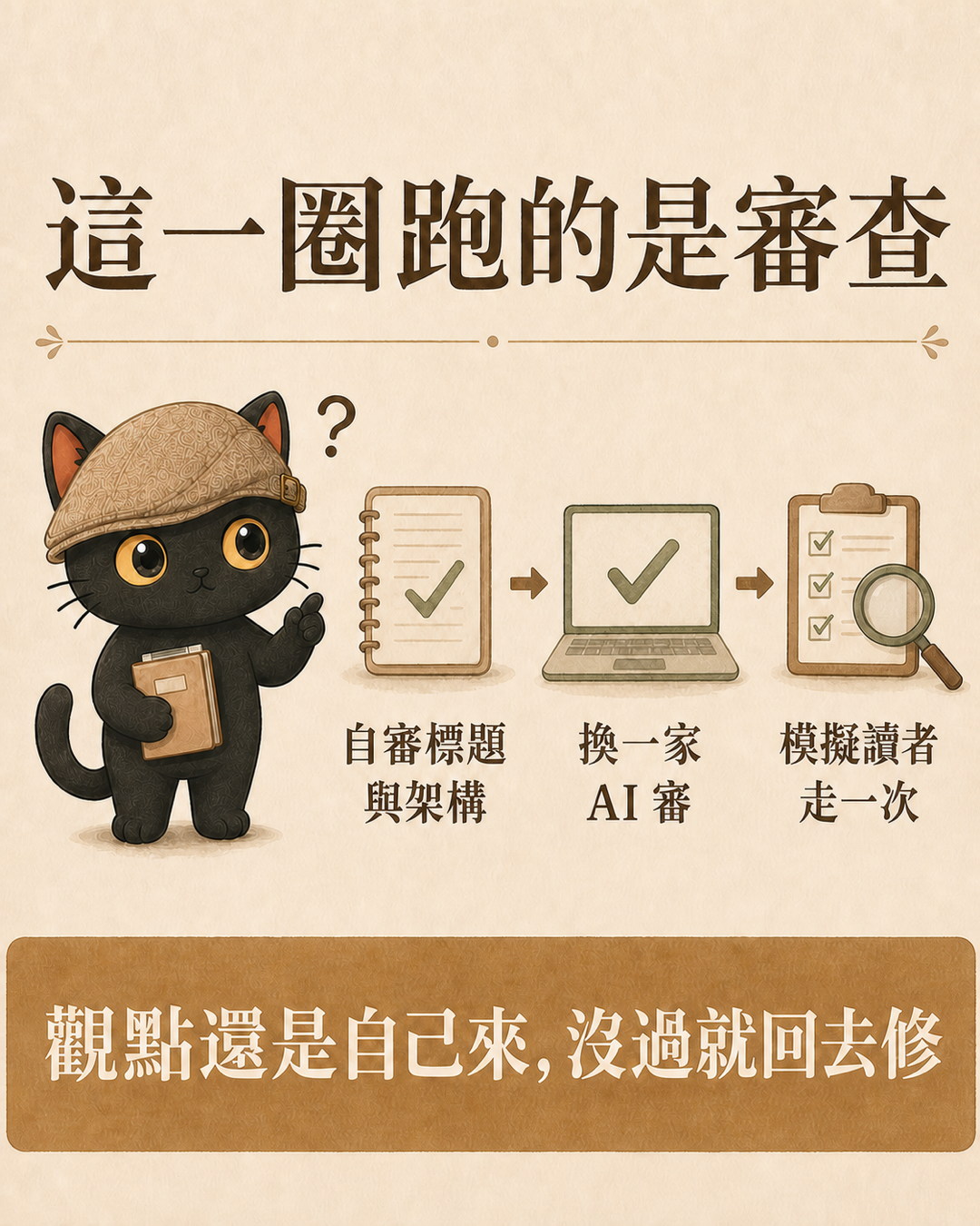 咪卡圖卡：這一圈跑的是審查，自審標題與架構、換一家 AI 審、模擬讀者走一次