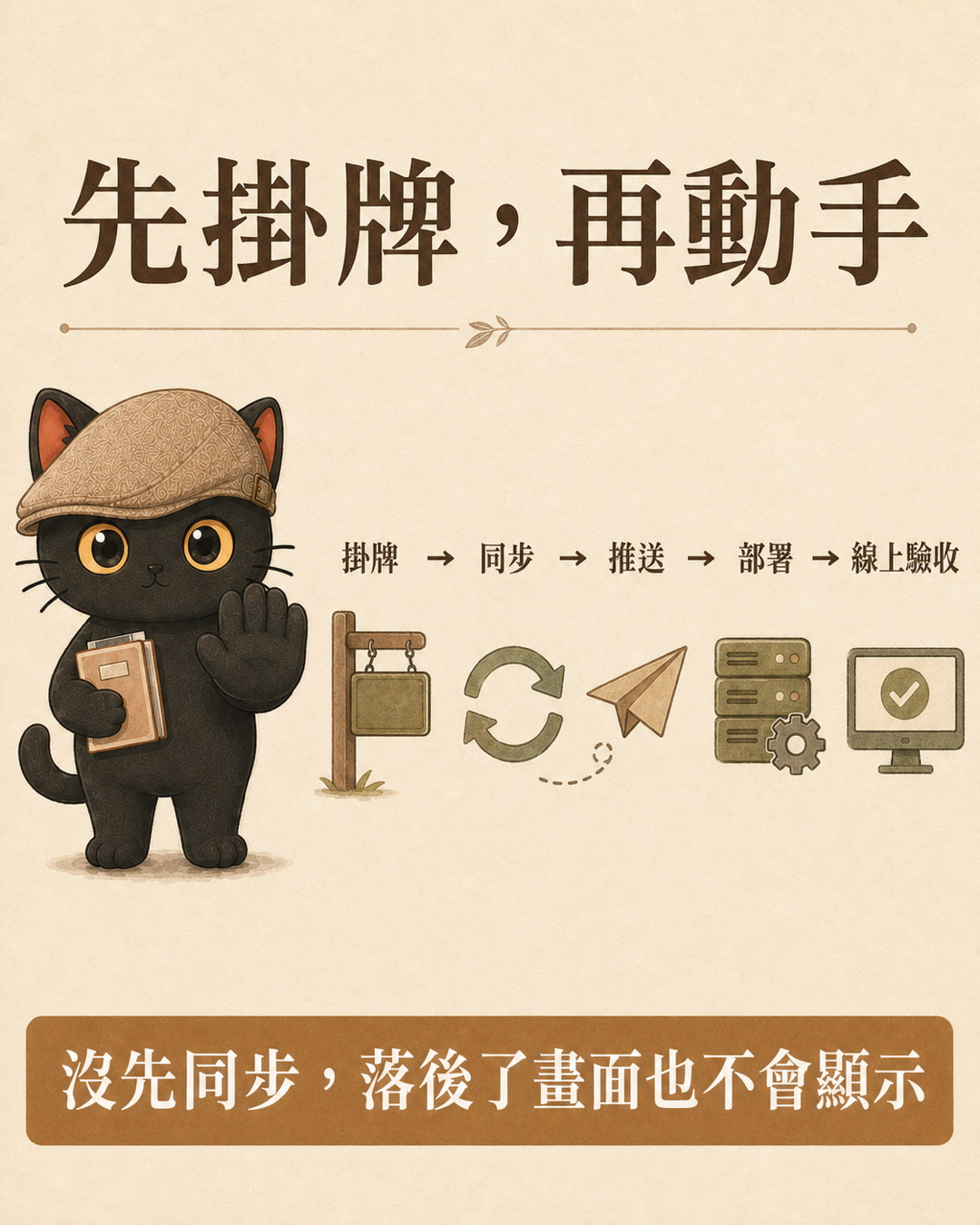 咪卡圖卡：先掛牌再動手，掛牌、同步、推送、部署、線上驗收五個步驟
