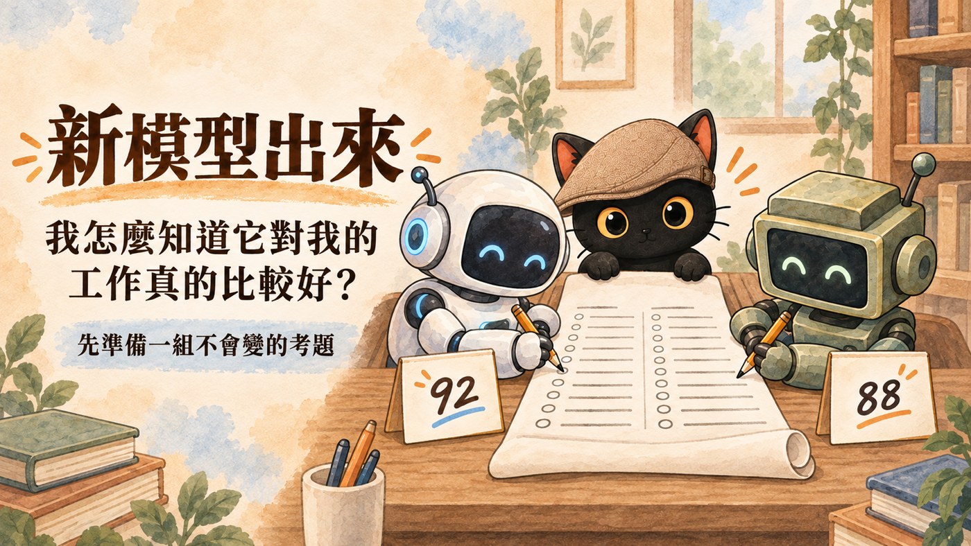 兩台不同的 AI 機器在作答同一份考卷，各自旁邊放著分數牌