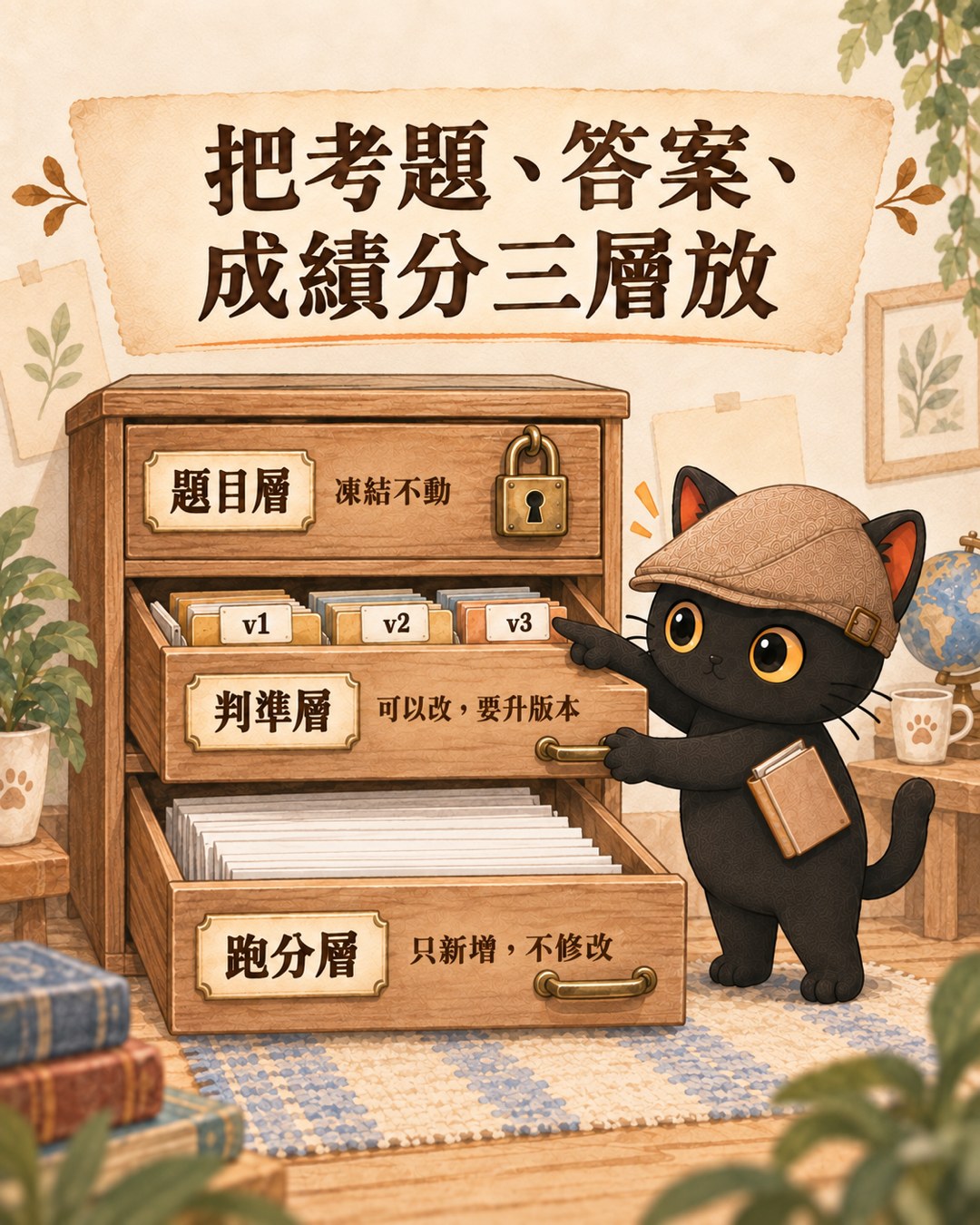 三層抽屜櫃：題目層上鎖、判準層貼著 v1 v2 v3 版本標籤、跑分層一張一張往後疊