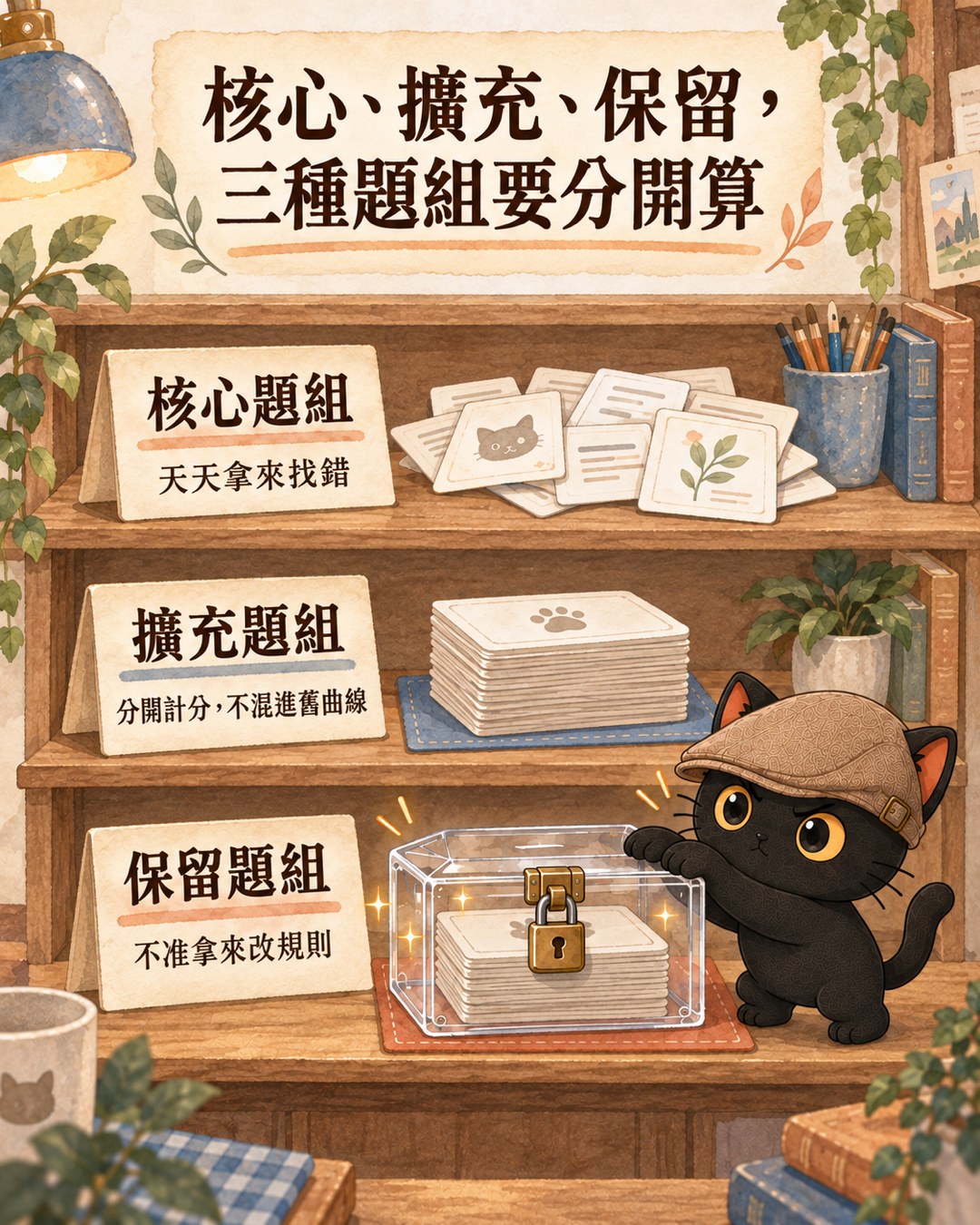 桌上三疊題卡：核心題組攤開、擴充題組疊著、保留題組鎖在透明保險箱裡