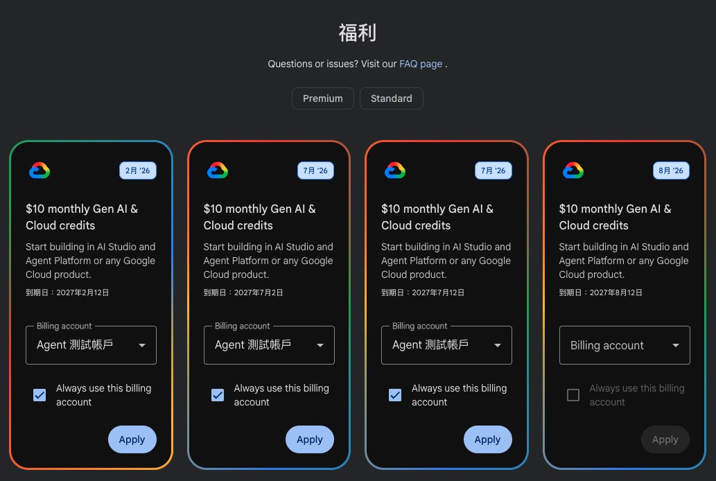 Google Developer Program 福利頁，四張每月 10 美元額度卡片都選好帳單帳戶並勾選 Always use this billing account