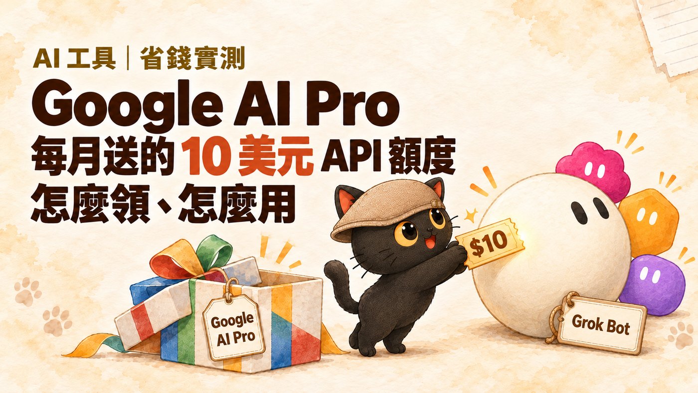 咪卡把 Google AI Pro 禮物盒裡的 10 美元額度券遞給米白圓球造型的 Grok Bot，旁邊圍著三隻彩色小 bot