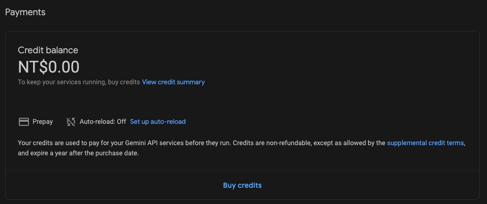 AI Studio Billing 頁的 Payments 區塊，Credit balance 顯示 NT$0.00，Auto-reload 為 Off，下方有 Buy credits 按鈕