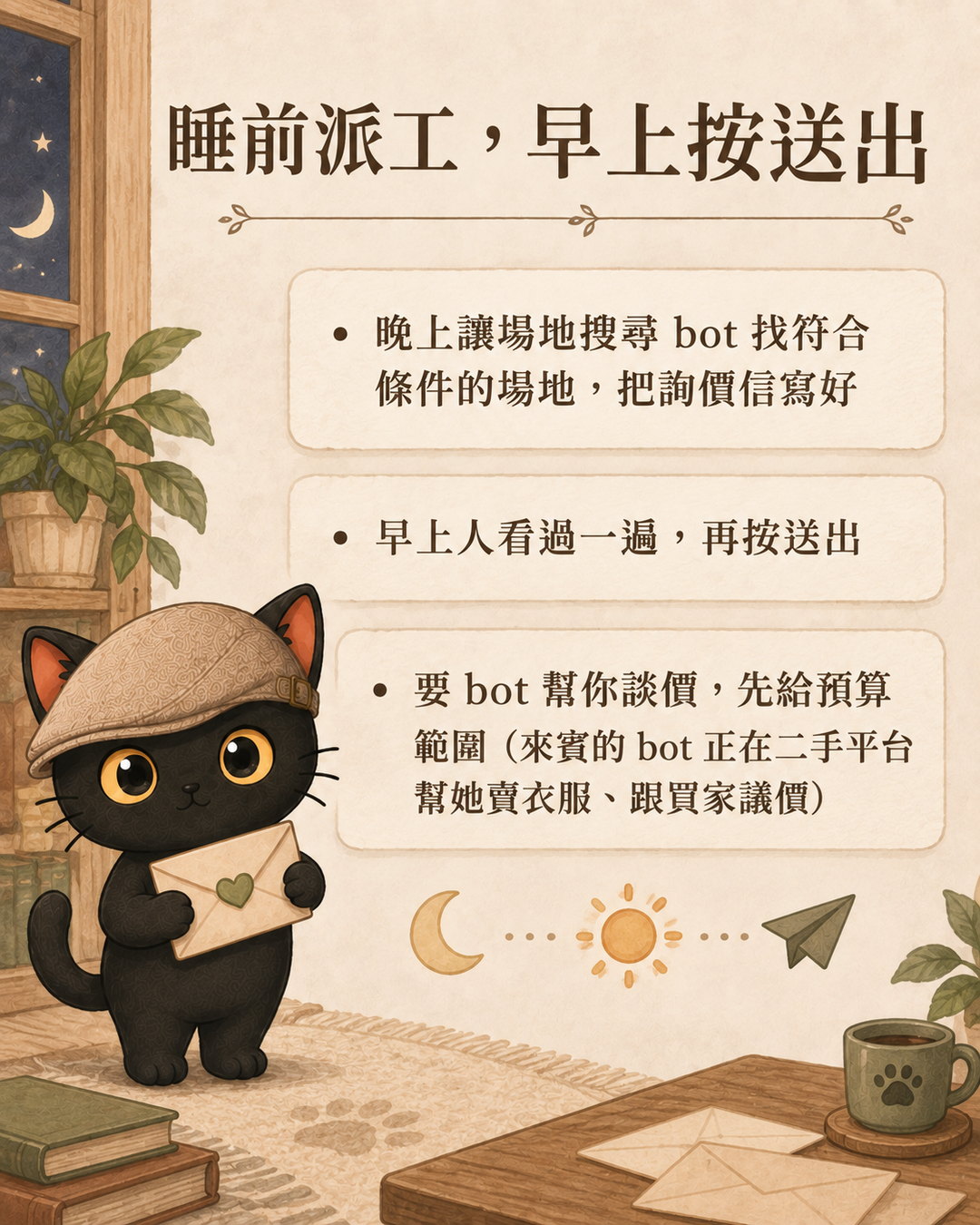 睡前交給 bot、早上人看過再送出的輪播卡