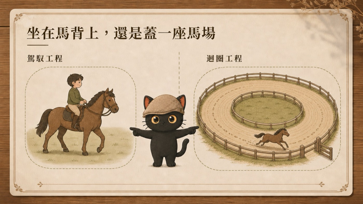 封面圖卡：左邊一個人坐在馬背上握韁繩，右邊一座圓圈賽道，馬沿著跑道跑，外圈圍欄留著一道開著的門，咪卡站在中間一手指左一手指右