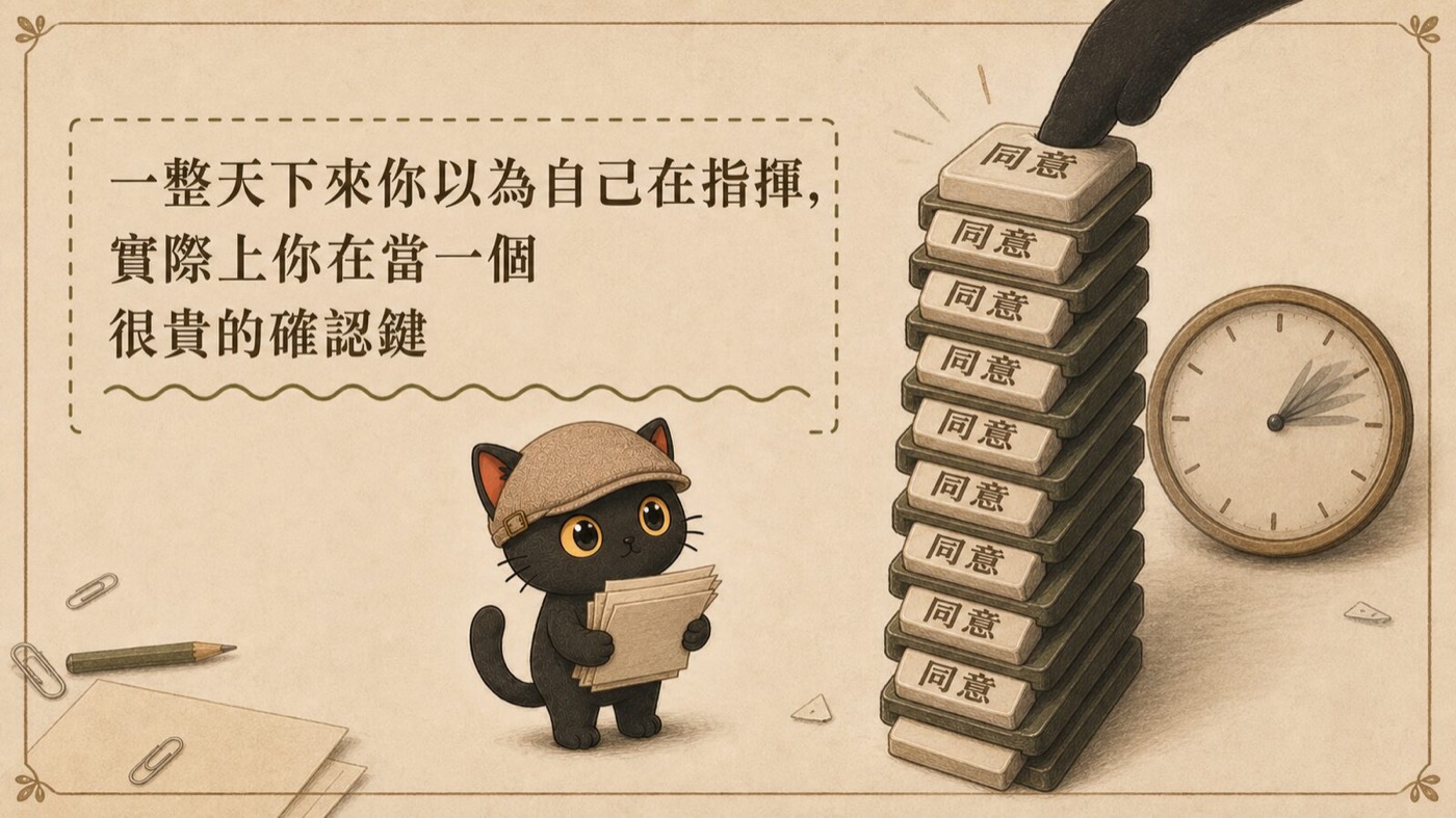 圖卡：一疊堆得很高的同意按鈕，一根手指懸在最上面，旁邊時鐘顯示時間流逝，咪卡抱著一疊確認單