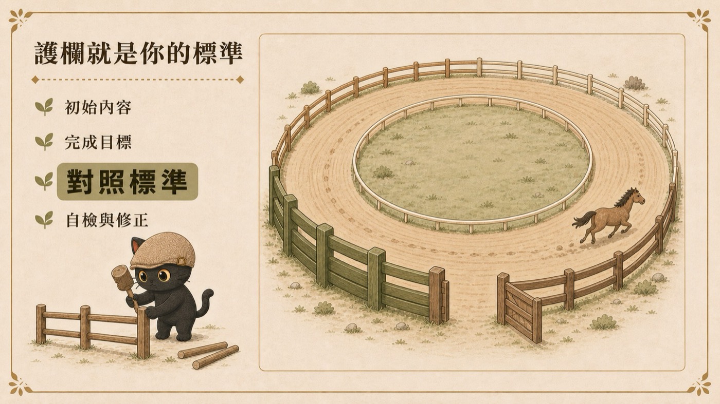圖卡：圓圈賽道的斜俯視圖，馬沿著跑道跑，沙地上有耙過的紋路與馬蹄痕，左側列出初始內容、完成目標、對照標準、自檢與修正四項，對照標準加重，咪卡在圍欄外釘木樁