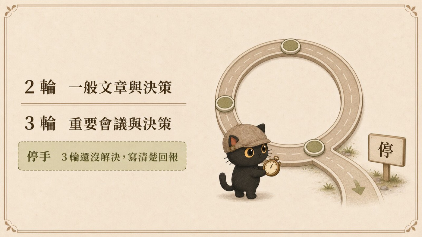 圖卡：圓形跑道上三個標記點，第三點之後岔出一條路通向寫著停的牌子，咪卡拿懷錶在跑道邊記圈數