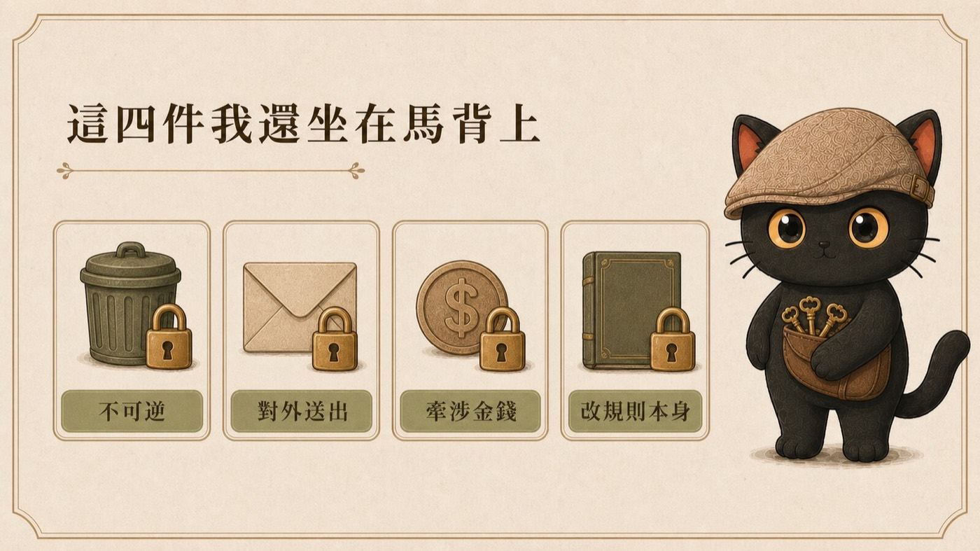 圖卡：四個上鎖的圖示排成一列，分別是垃圾桶、信封、錢幣、規則本，各標不可逆、對外送出、牽涉金錢、改規則本身，咪卡把四把鑰匙收在身上