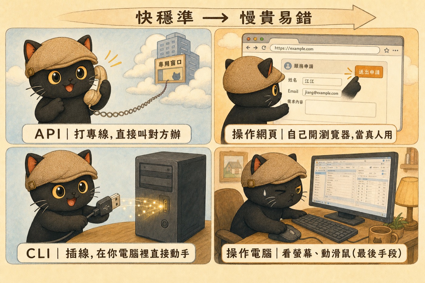 Mika illustrates the four connection methods side by side: API direct line, CLI plug-in, web automation, screen control, ranging from fast and reliable to slow and error-prone