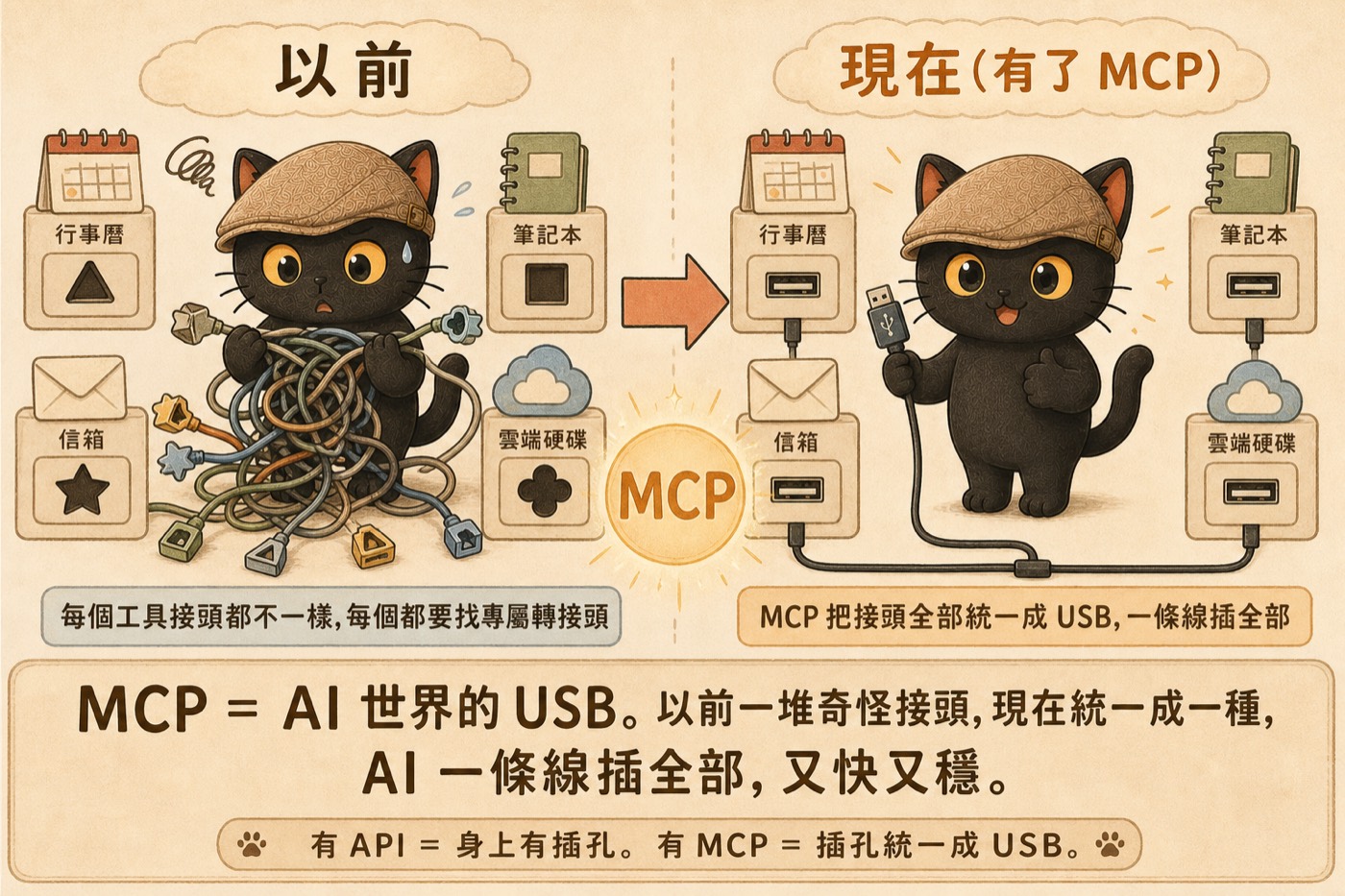 MCP acts like USB for the AI world, unifying the fragmented interfaces of different tools into a single standard so AI can plug in with one connection