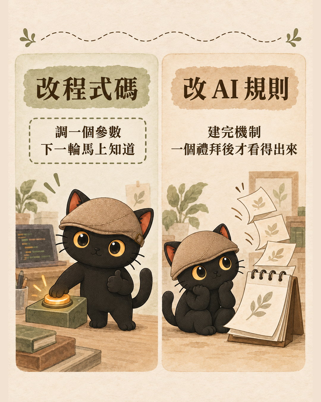 左邊是改程式碼，改完下一輪就知道對錯；右邊是改 AI 規則，要等一個禮拜才看得出來