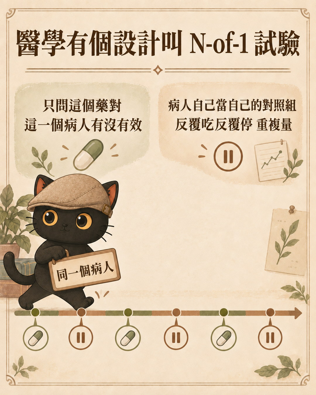 N-of-1 試驗：同一個病人反覆吃藥、停藥、重複測量