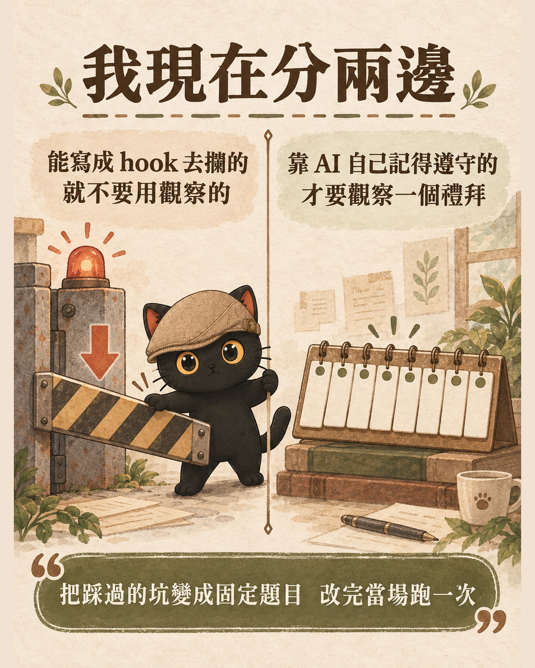 能寫成機械攔截的就不要用觀察的，只有靠 AI 自己記得遵守的才需要觀察一個禮拜