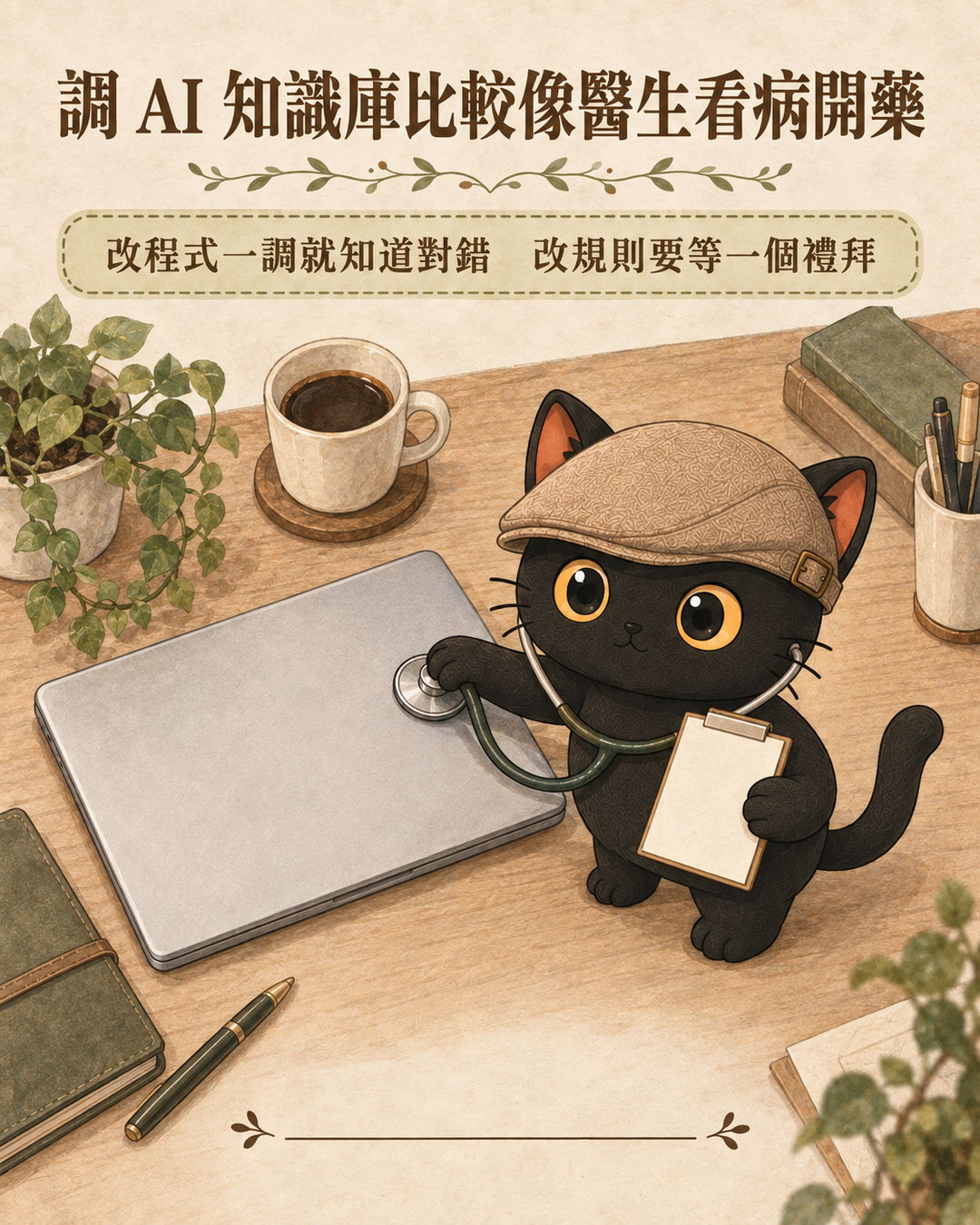 咪卡拿著聽診器聽筆電，像醫生幫病人看診