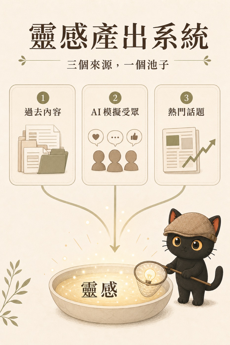 靈感產出系統：過去累積的內容、AI 模擬受眾、熱門話題三個來源匯流成一個靈感池，咪卡拿網子從池子撈起發亮的燈泡
