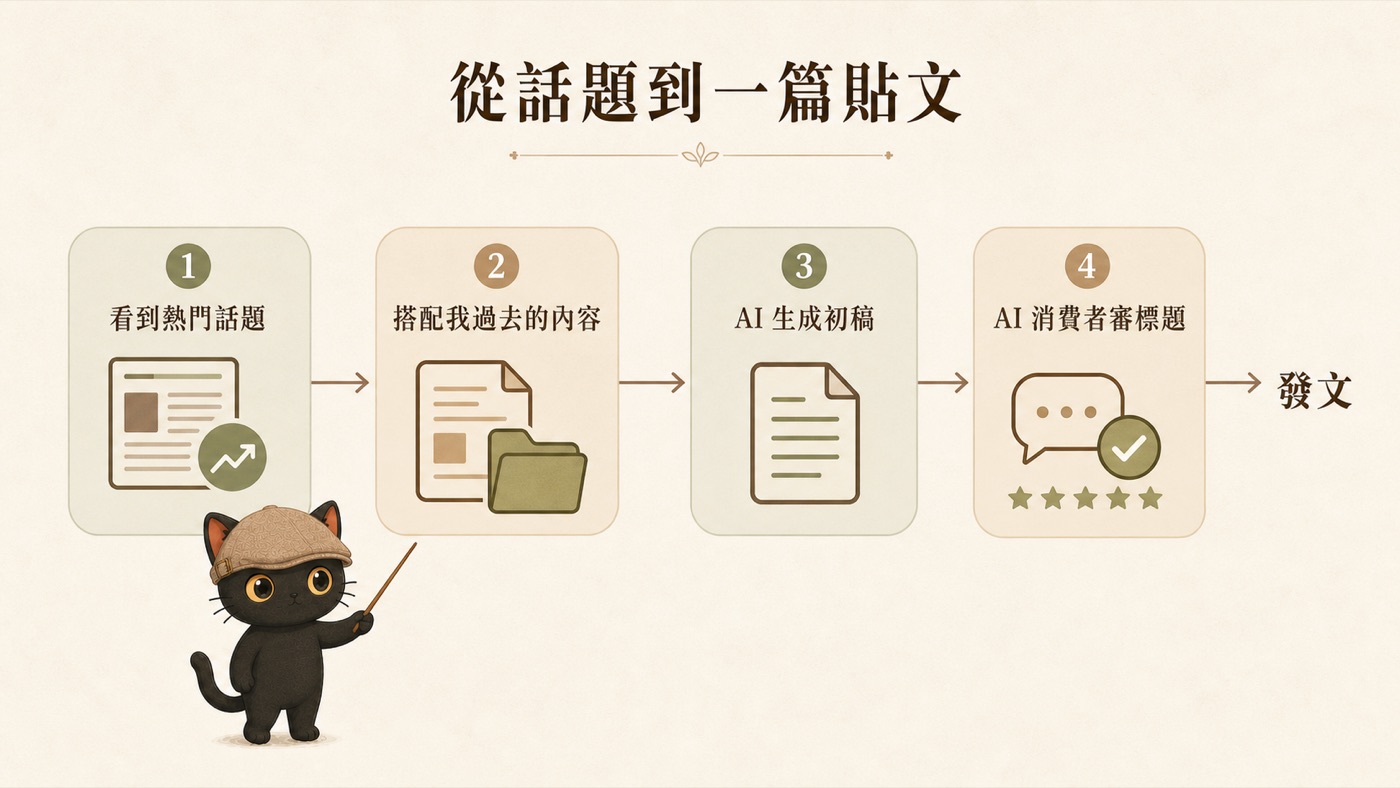 從話題到一篇貼文的四步動線：看到熱門話題、搭配我過去的內容、AI 生成初稿、AI 消費者審標題，最後發文