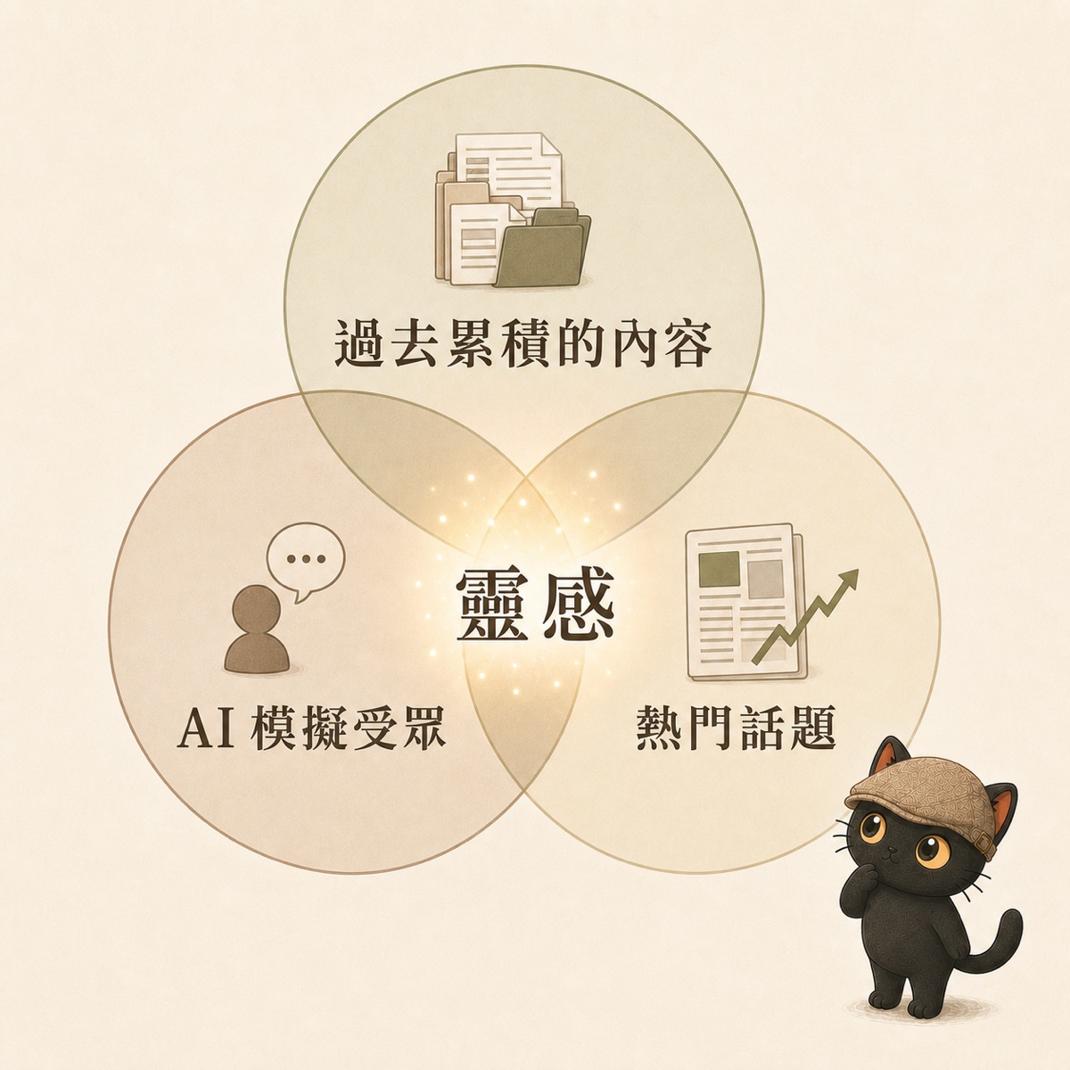 三個靈感來源的三圓交會圖：過去累積的內容、AI 模擬受眾、熱門話題三個圈圈交會，中央發光處是「靈感」，咪卡在右下角抬頭看