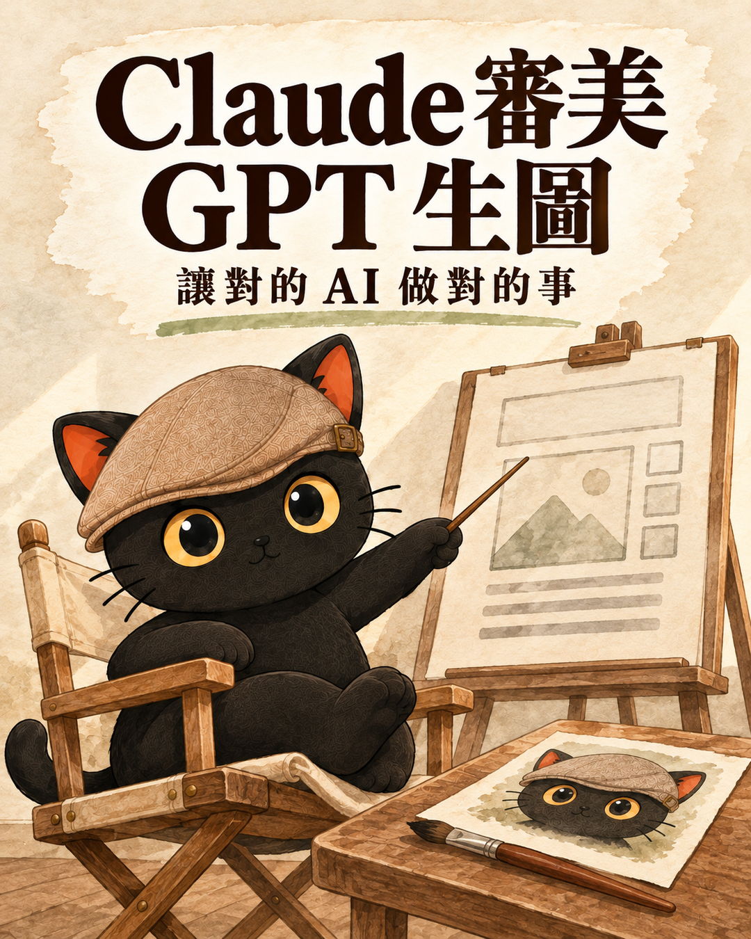 圖卡：Claude 審美 GPT 生圖，讓對的 AI 做對的事，咪卡坐在導演椅上指著畫架上的簡報版面