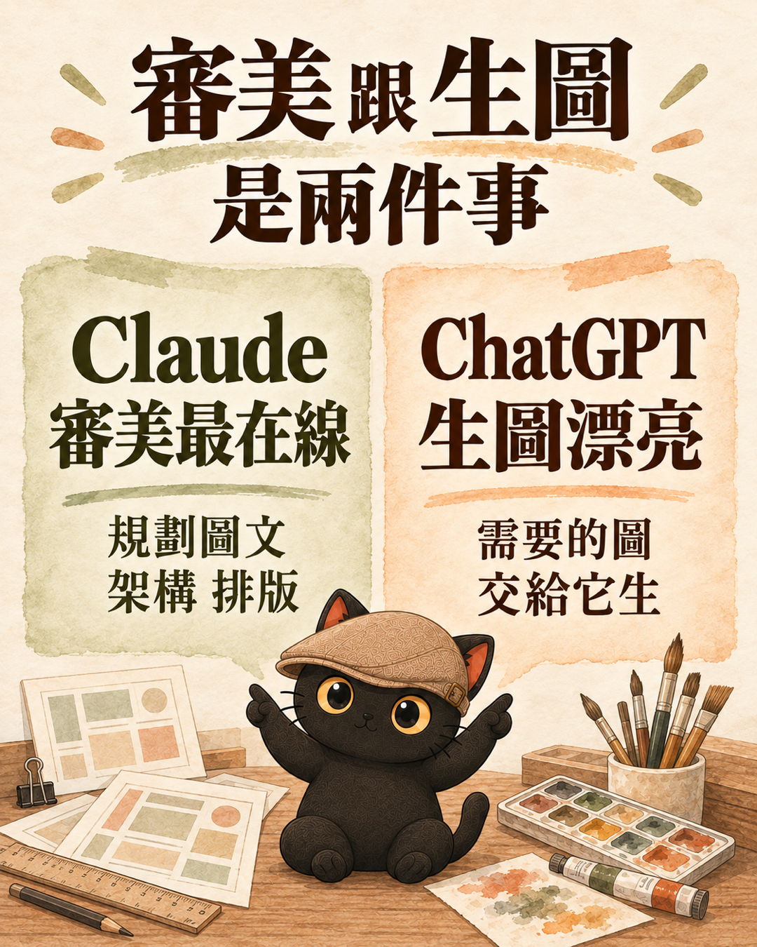 圖卡：審美跟生圖是兩件事，左邊 Claude 審美最在線、規劃圖文架構排版，右邊 ChatGPT 生圖漂亮、需要的圖交給它生，咪卡坐在中間指向兩邊