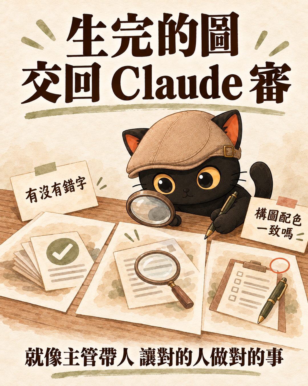 圖卡：生完的圖交回 Claude 審，便條寫有沒有錯字、構圖配色一致嗎，底下一行就像主管帶人讓對的人做對的事，咪卡拿放大鏡檢查圖卡