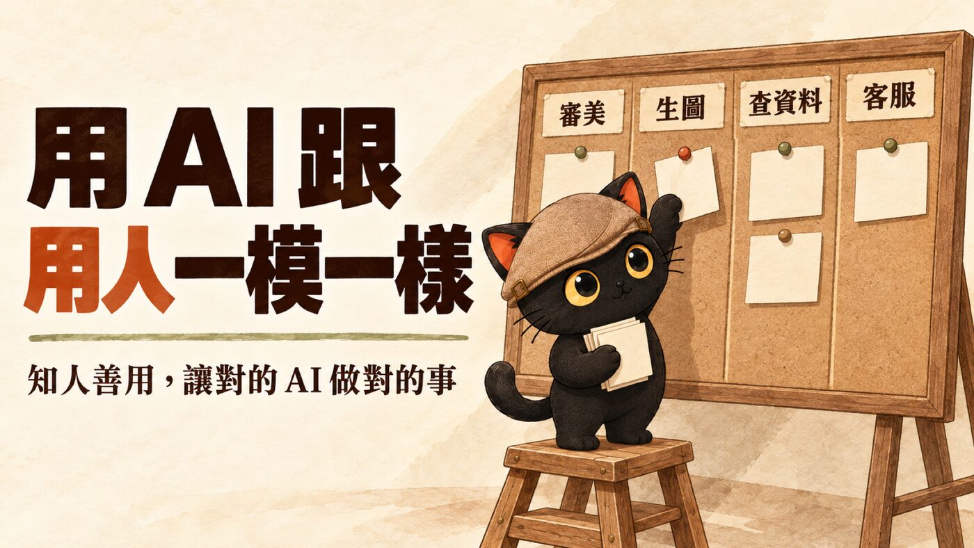 封面：用 AI 跟用人一模一樣，知人善用讓對的 AI 做對的事。咪卡站在木凳上，把任務卡釘進分工板的生圖欄，分工板四欄是審美、生圖、查資料、客服