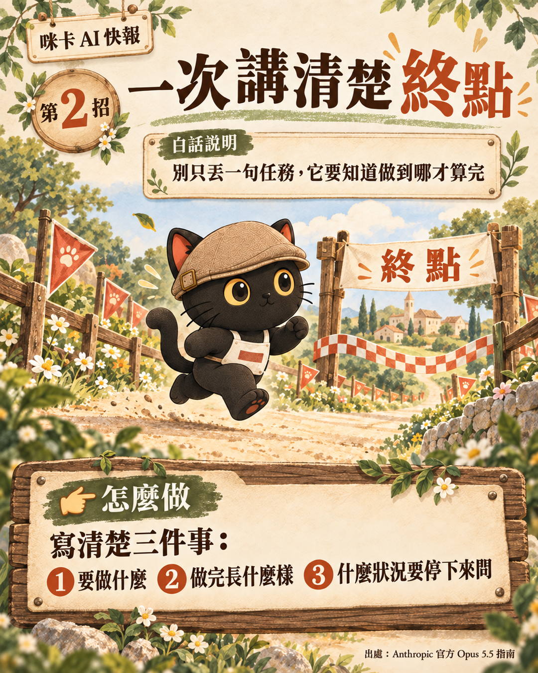 咪卡跑向終點拱門:一次講清楚終點,寫清楚要做什麼、做完長什麼樣、什麼狀況要停下來問