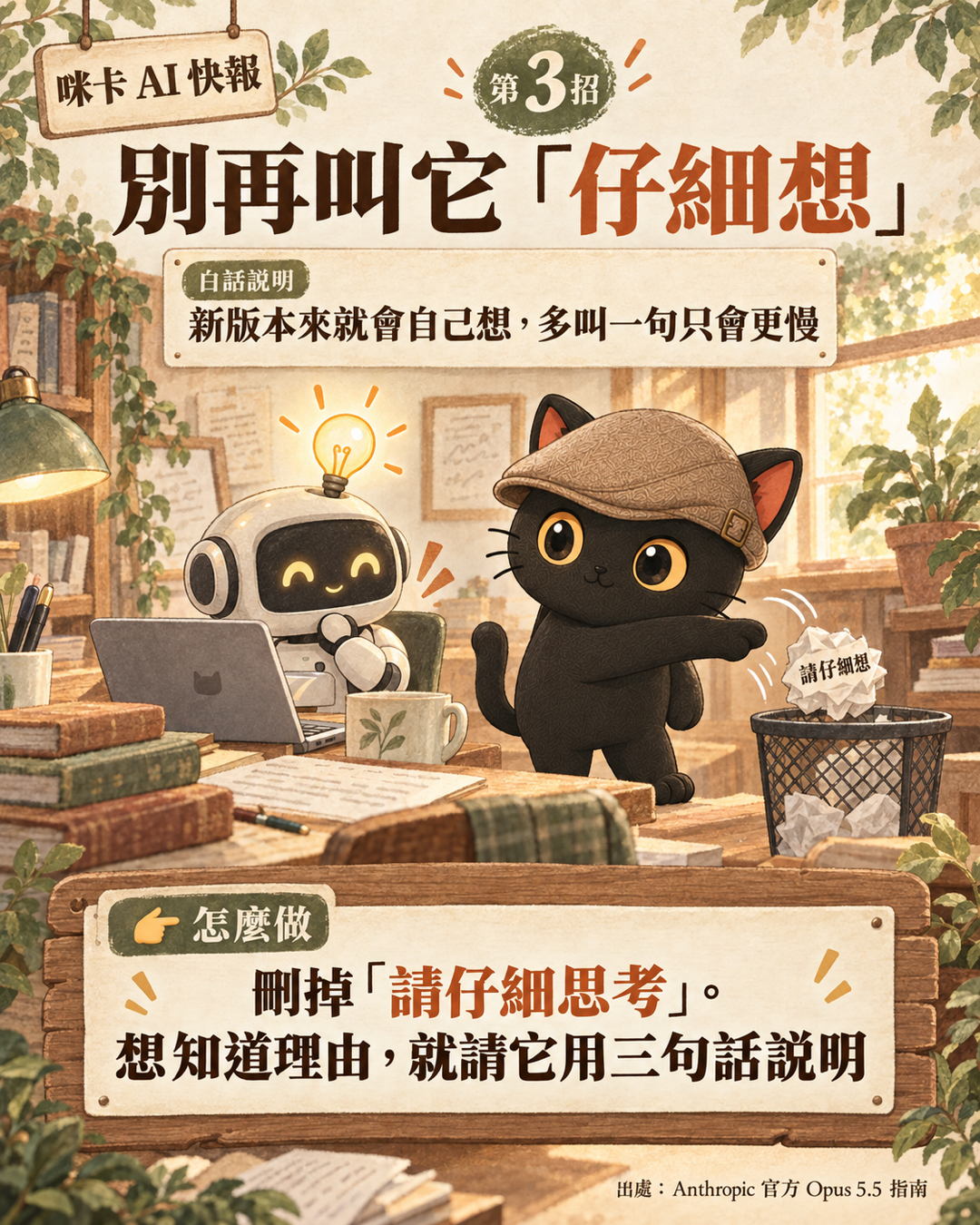 咪卡把寫著請仔細想的紙條丟進垃圾桶:別再叫它仔細想