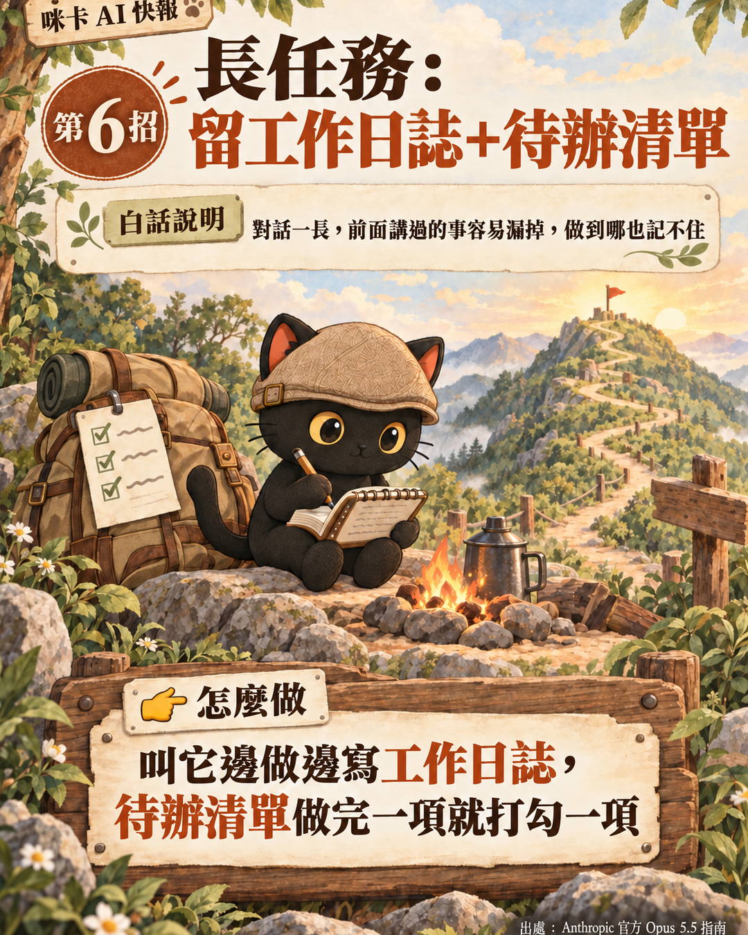 咪卡在登山營地寫日誌,背包上掛著打勾的待辦清單:長任務留工作日誌加待辦清單