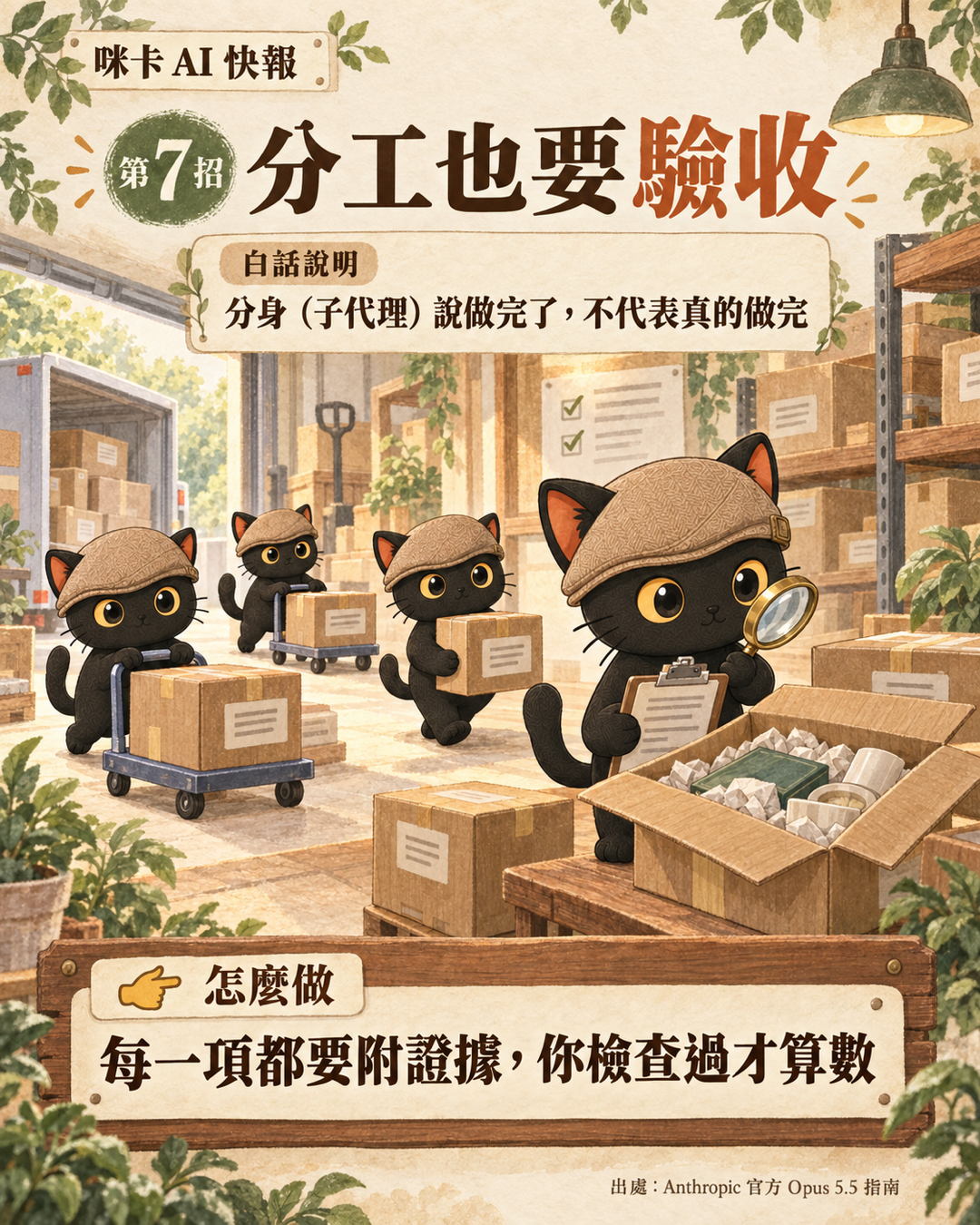 咪卡在倉庫用放大鏡核對三隻小分身送來的箱子:分工也要驗收,每一項都要附證據
