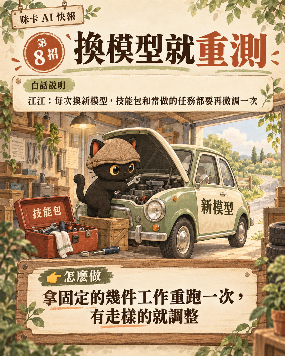 咪卡在車庫用技能包工具箱調整新模型小車:換模型就重測