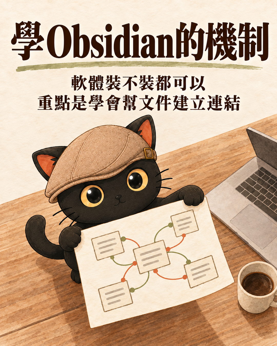 輪播卡：學 Obsidian 的機制。軟體裝不裝都可以，重點是學會幫文件建立連結。