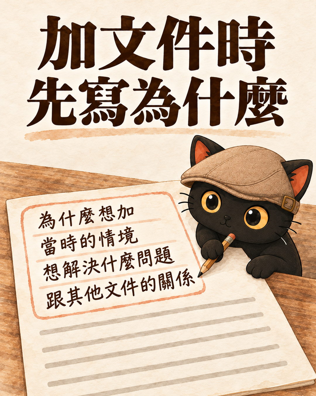 輪播卡：加文件時先寫為什麼。手寫框四行：為什麼想加、當時的情境、想解決什麼問題、跟其他文件的關係。