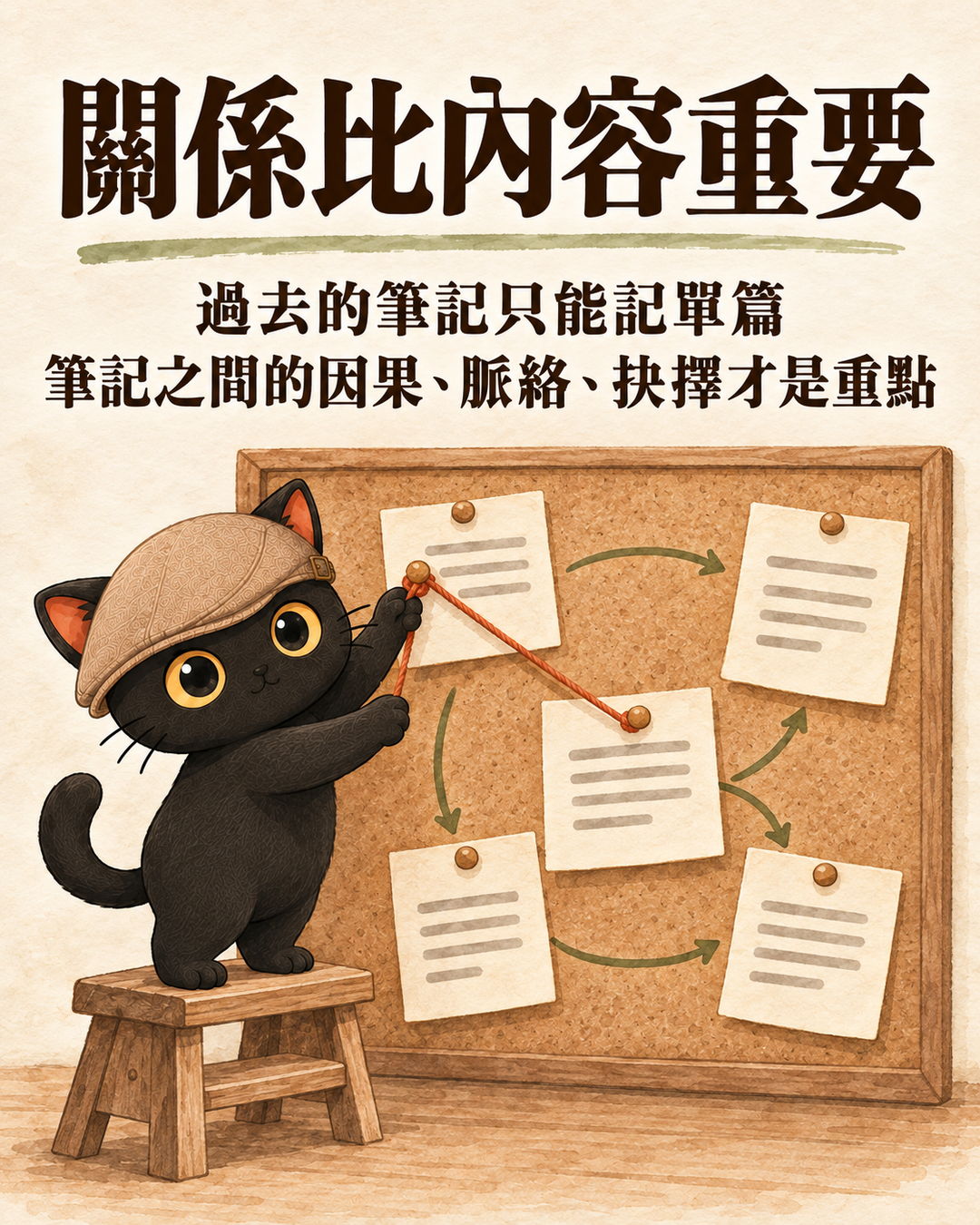輪播卡：關係比內容重要。過去的筆記只能記單篇，筆記之間的因果、脈絡、抉擇才是重點。