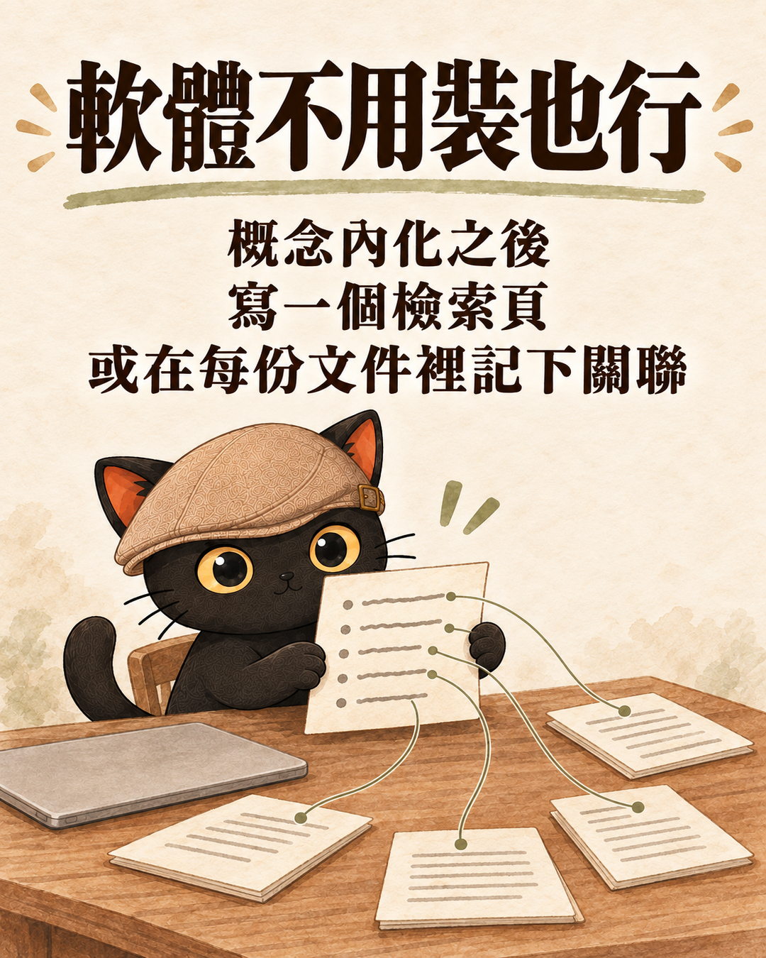 輪播卡：軟體不用裝也行。概念內化之後，寫一個檢索頁，或在每份文件裡記下關聯。