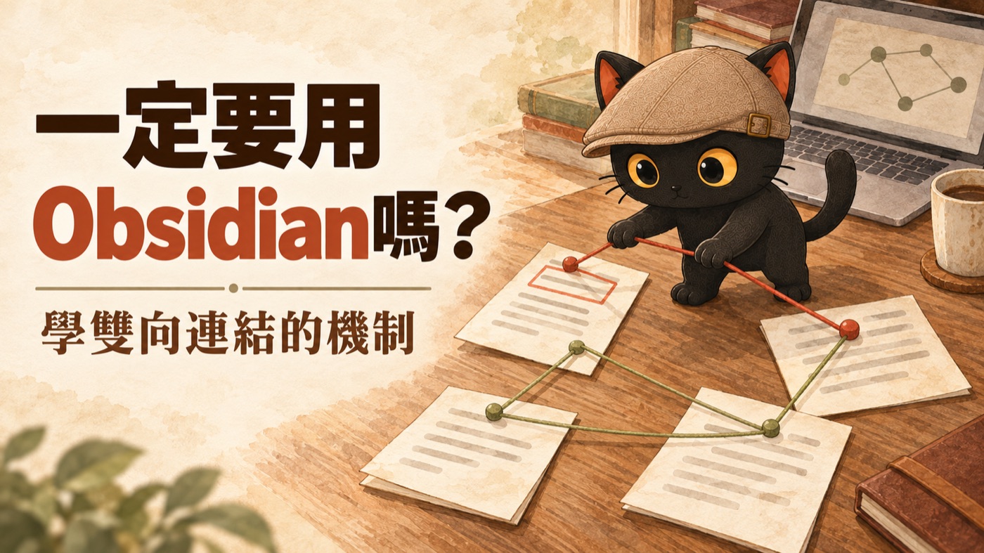 封面：一定要用 Obsidian 嗎？學雙向連結的機制。咪卡在書桌上用磚紅色細線把兩份文件連起來，筆電被推到桌角。
