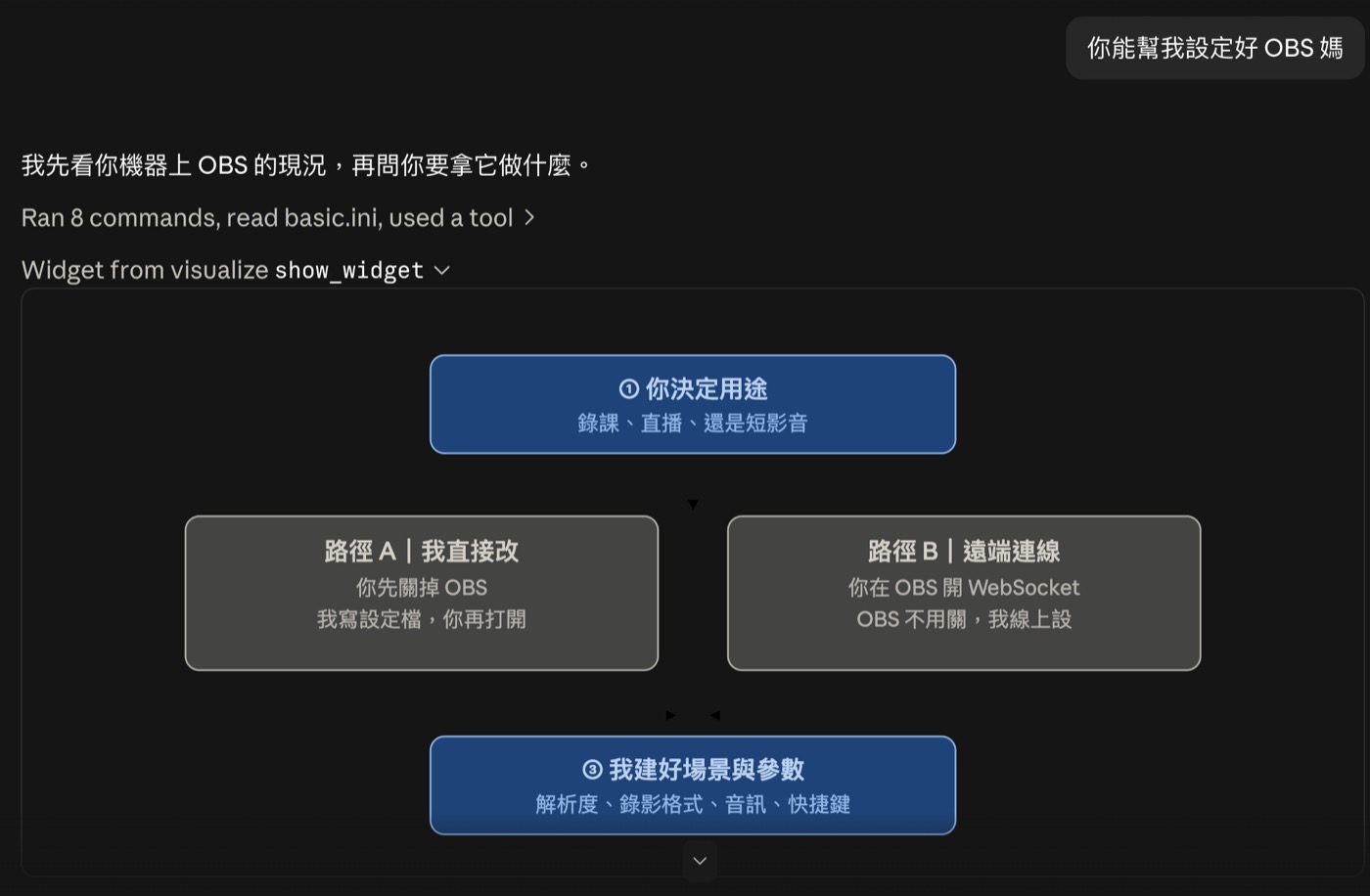 AI 在對話中畫出的決策圖：先由我決定用途，再從兩條施工路徑二選一，最後由 AI 建好場景與參數