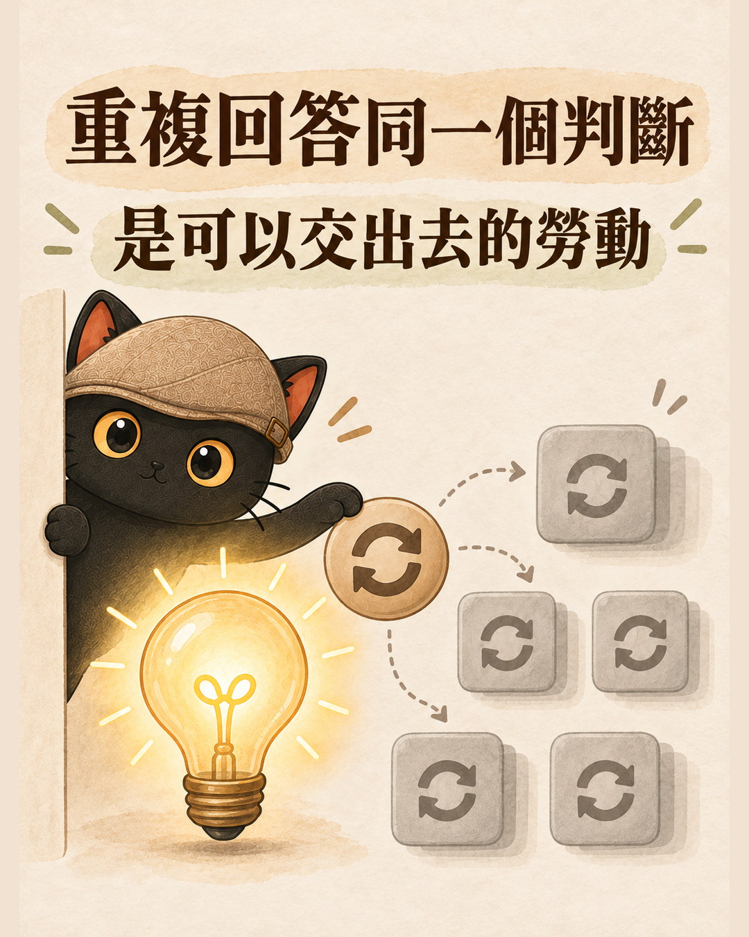 圖卡：發亮的燈泡接上重播符號，往外複製出多個灰色方塊