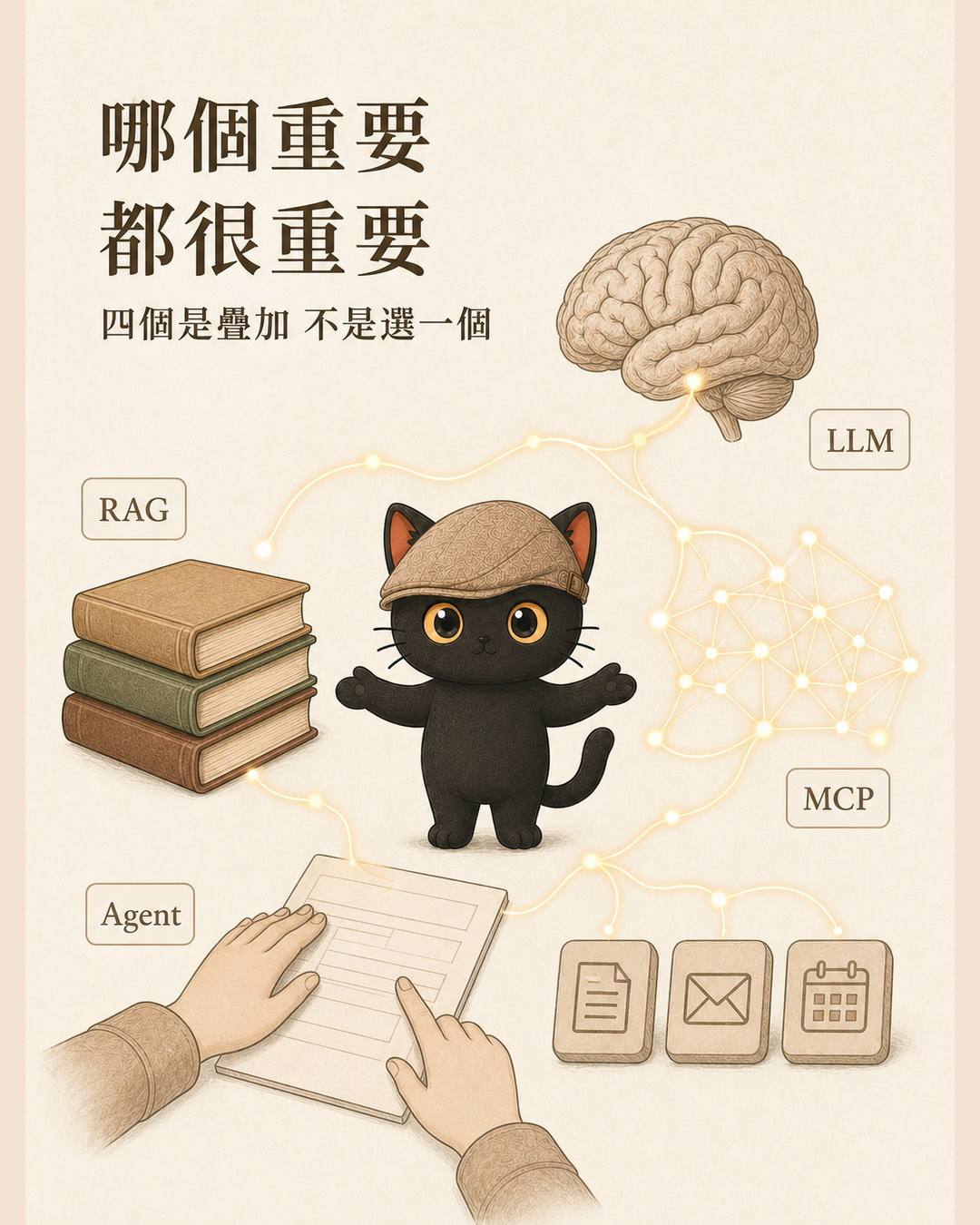 圖卡：大腦、一疊書、一雙填表單的手、發光的網路節點四樣同時在畫面上，各標 LLM、RAG、Agent、MCP，四個標籤等大同色，小黑貓站在中央張開雙手，上方寫「哪個重要，都很重要」