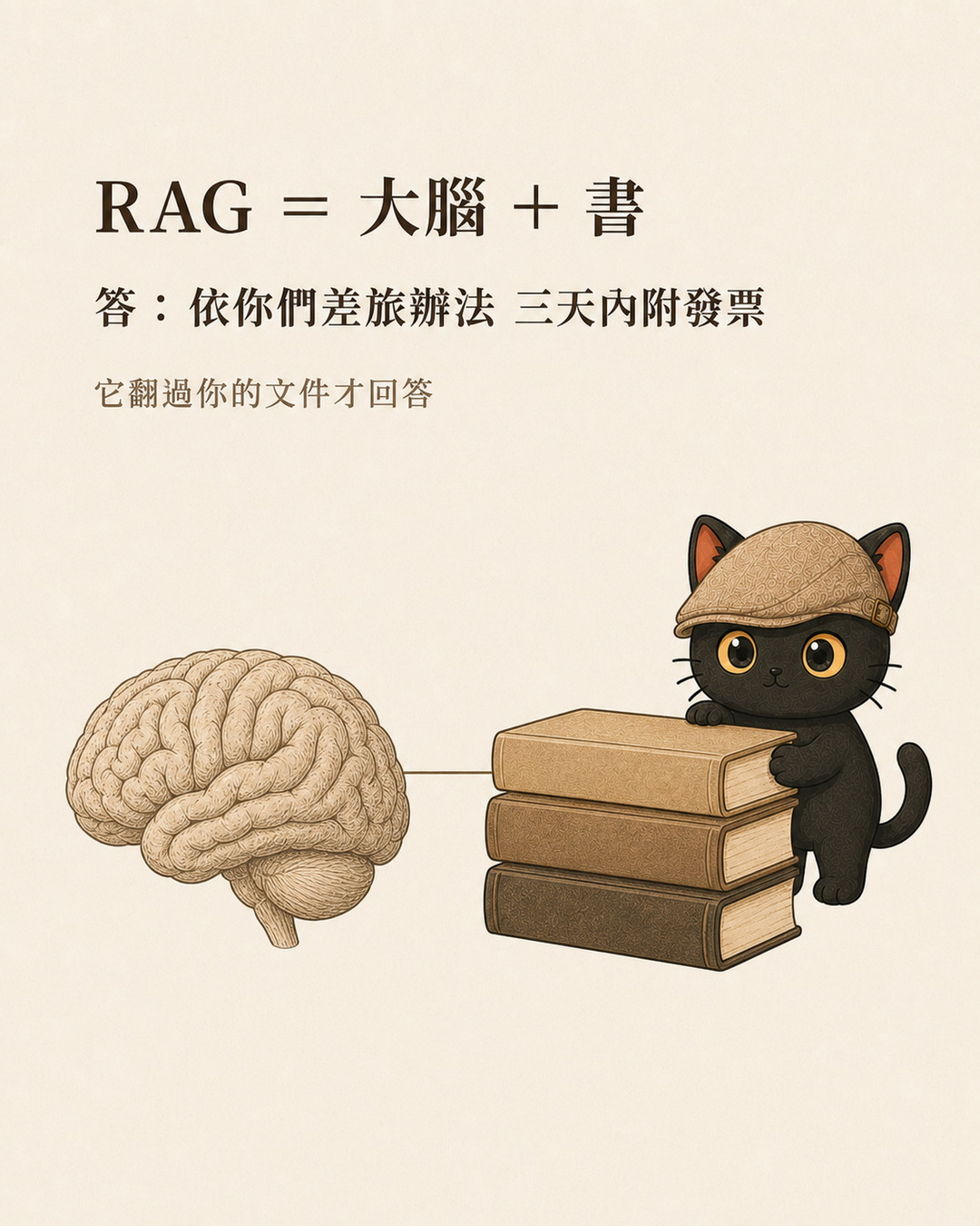 圖卡：同一顆大腦右邊多了一疊三本書，一條細線把書連到腦，小黑貓抱著最上面那本。卡上寫 RAG 等於大腦加書，答依你們差旅辦法三天內附發票