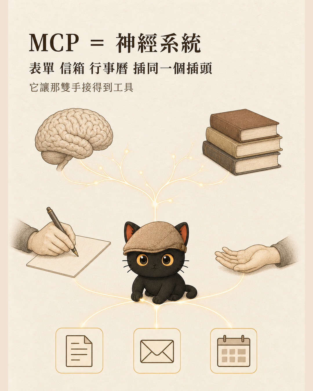 圖卡：大腦、書、手全都還在，加上發光的神經線串起文件、信封、日曆三個方塊，小黑貓蹲在神經線交會處。卡上寫 MCP 等於神經系統