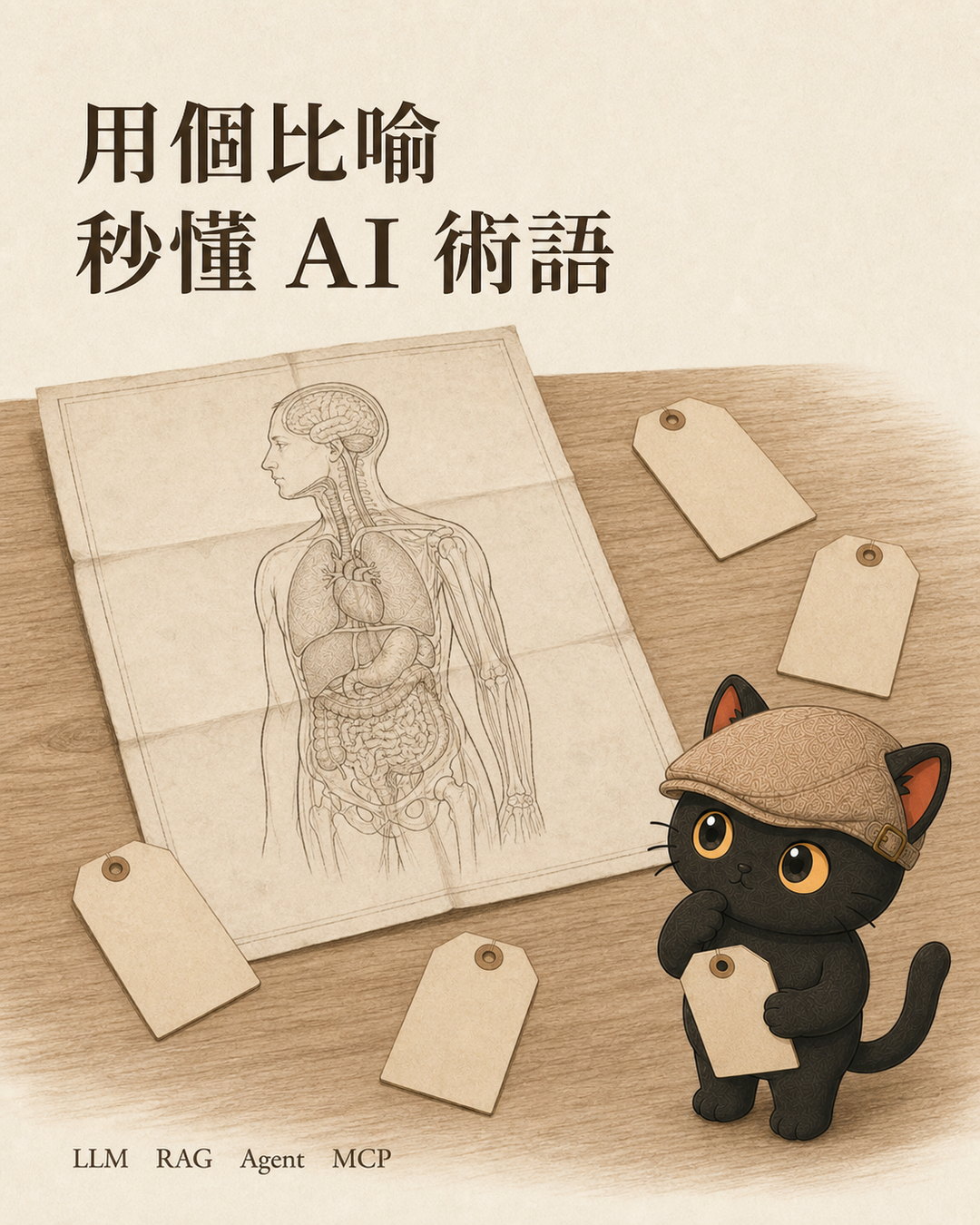 圖卡封面：木桌上攤開手繪人體側面圖，旁邊平放四張標籤紙，一隻戴帽小黑貓拎起其中一張端詳，上方寫「用個比喻，秒懂 AI 術語」