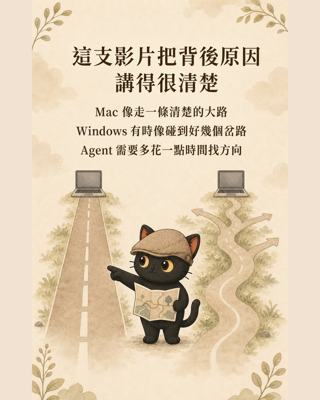 咪卡站在清楚大路與多個岔路中間的比喻圖卡
