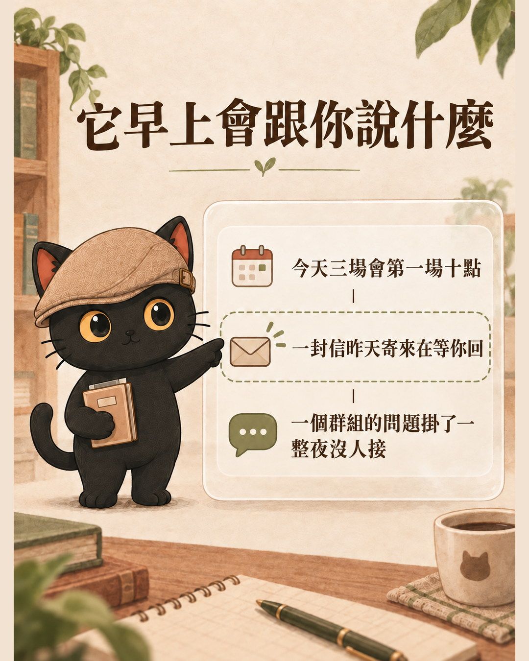 早晨簡報的三行內容：今天三場會、一封信在等你回、一個群組問題沒人接